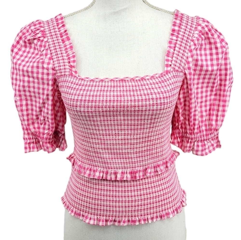 CeCe Pink Gingham Top with Poofy Sleeves 100% Cotton Size Small